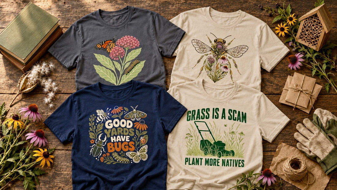 Gift ideas for native plant gardeners: native plant tees, seeds, books, and garden tools