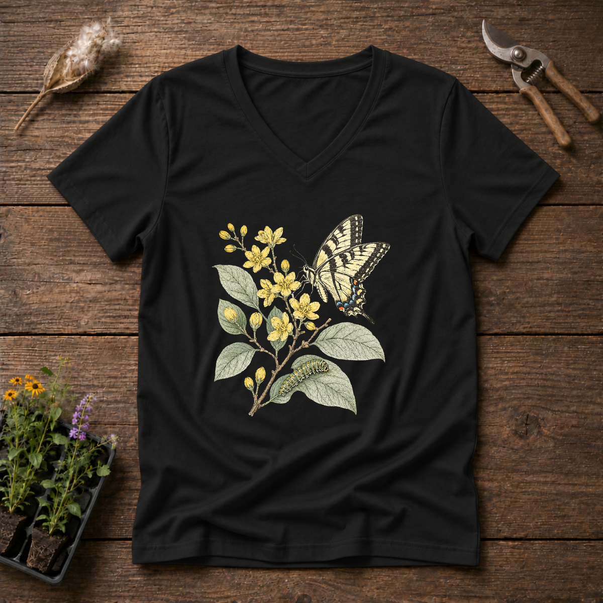 Tiger Swallowtail V-Neck Tee in Black