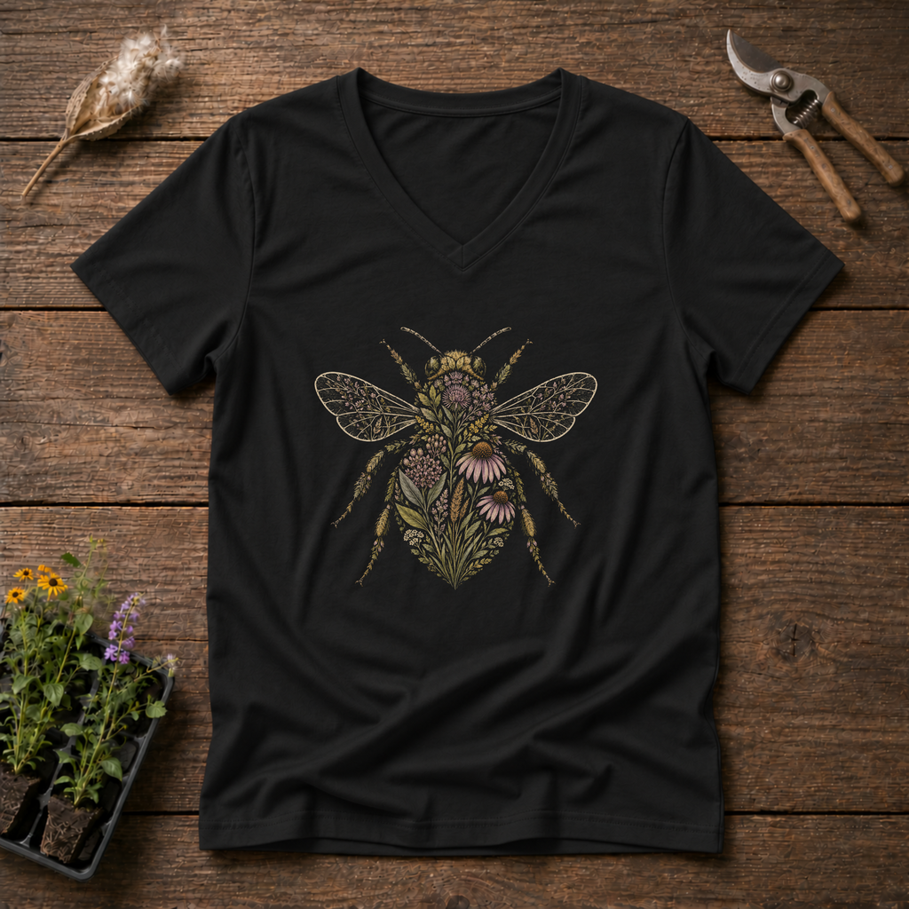 Botanical Bee V-Neck Tee in Black