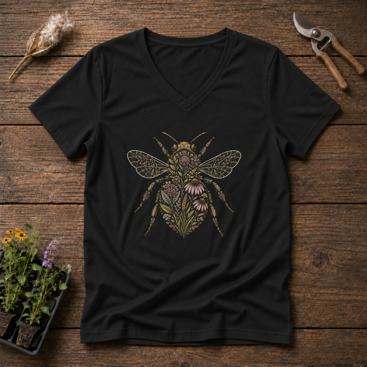 Botanical Bee V-Neck Tee in Black