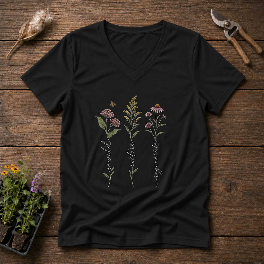 Rewild Restore Regenerate V-Neck Tee in Black