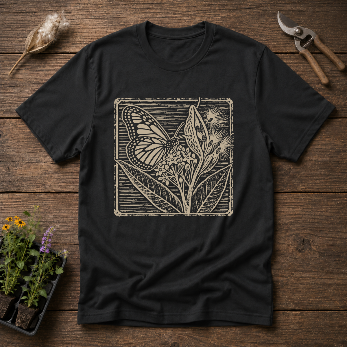 Monarch Milkweed Linocut T-Shirt