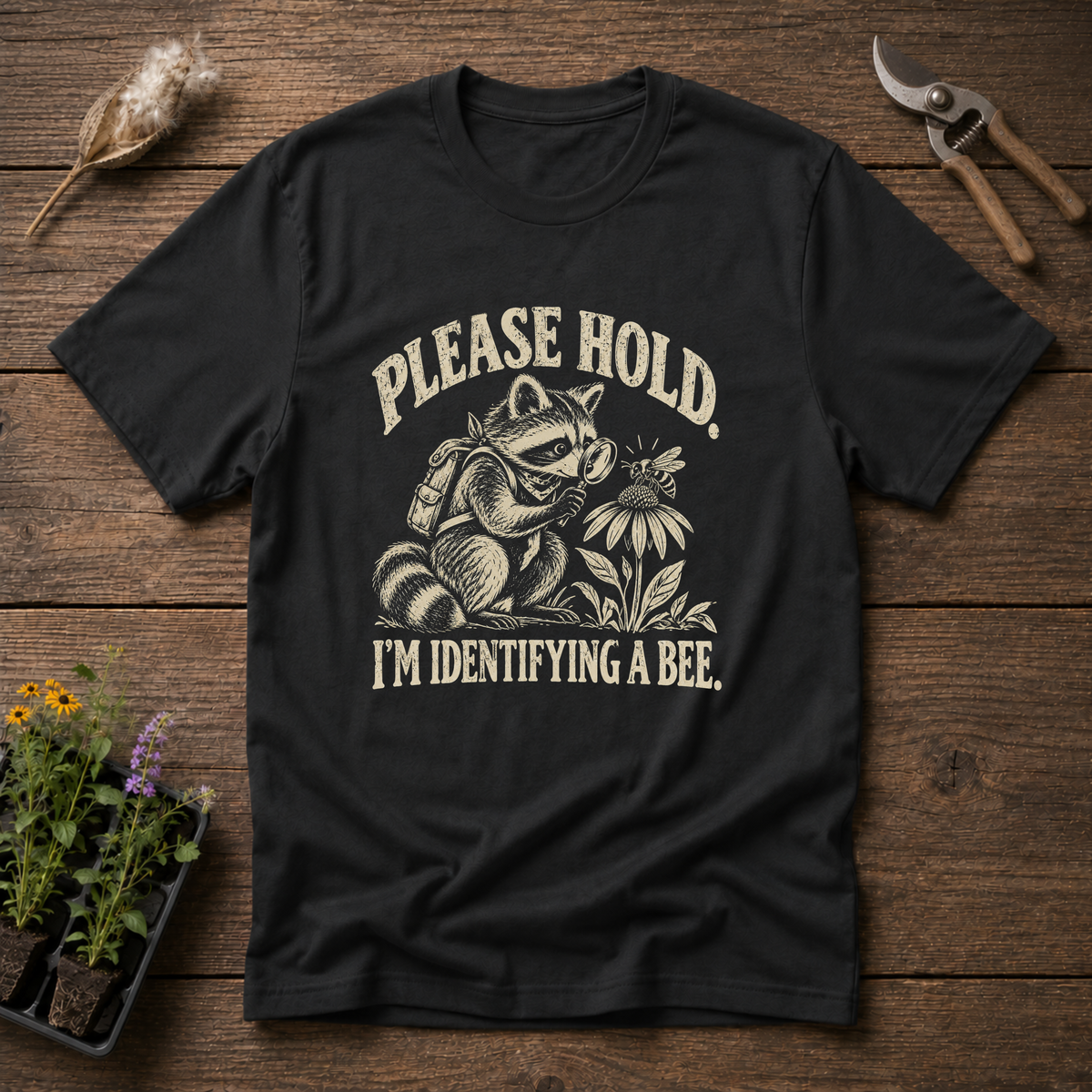 Raccoon Bee Inspector T-Shirt in Black