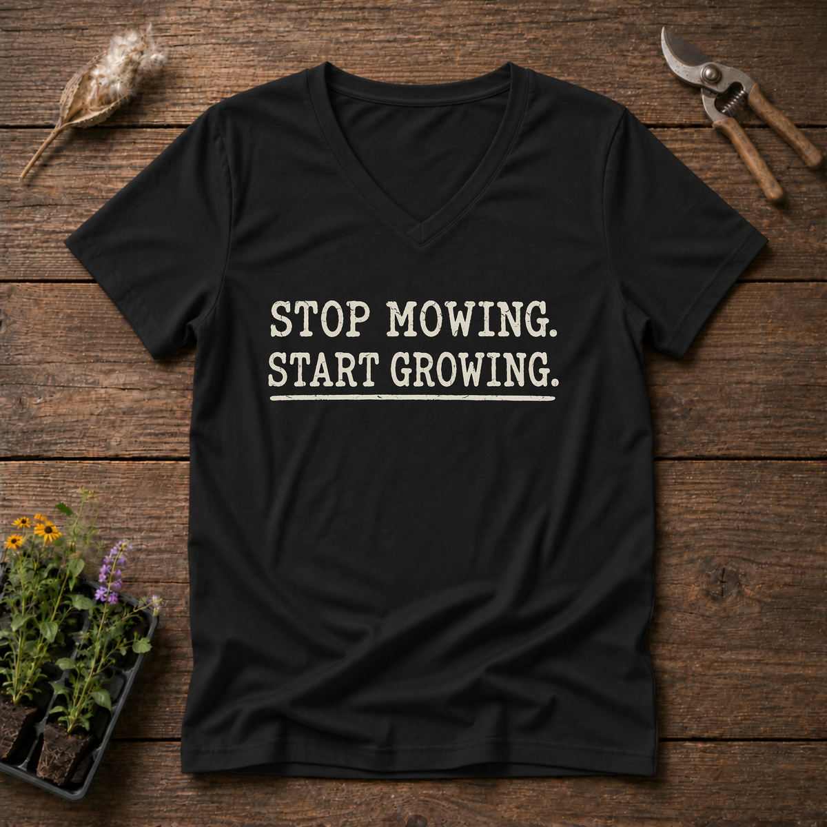 Stop Mowing V-Neck Tee