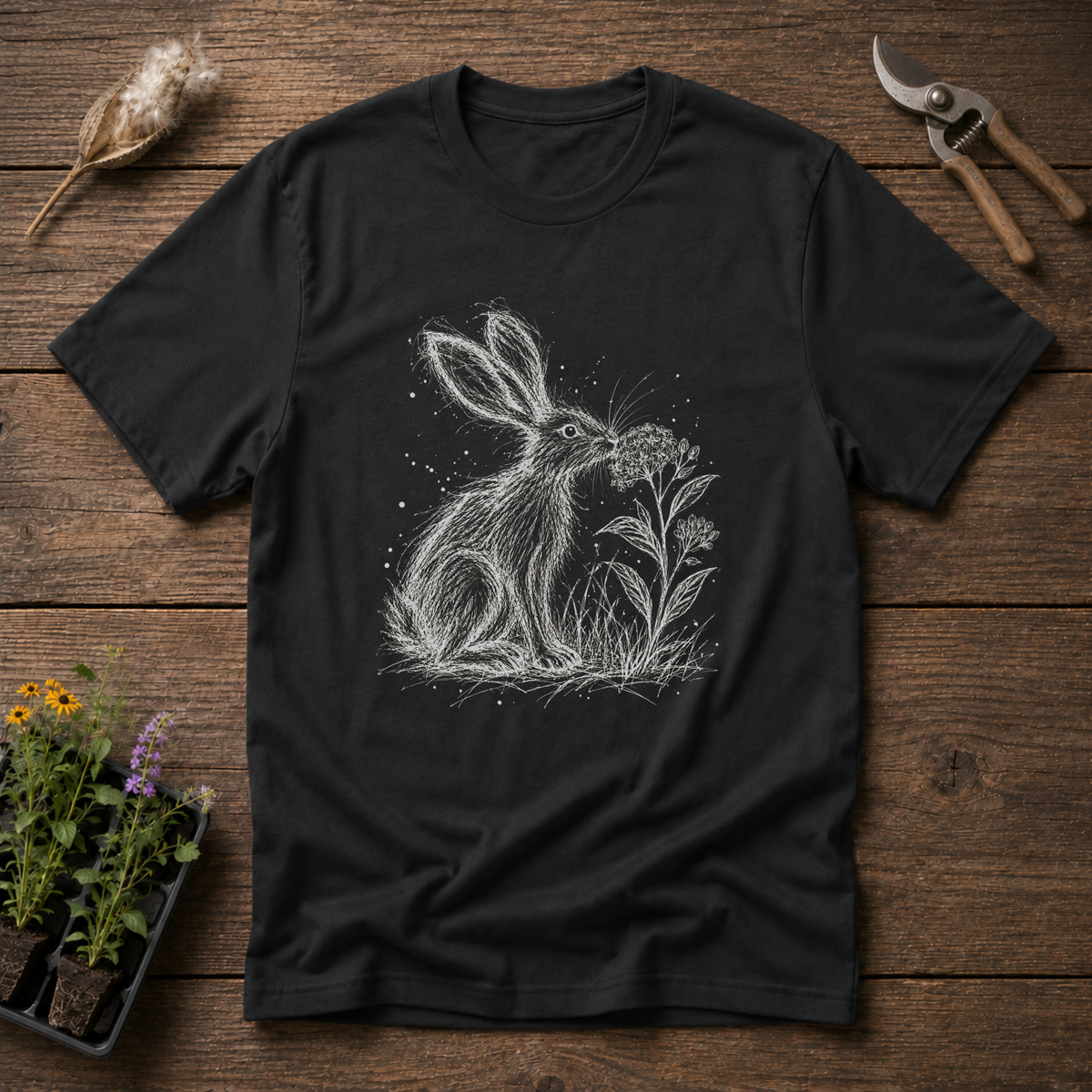 Scribble Hare Milkweed T-Shirt in Black