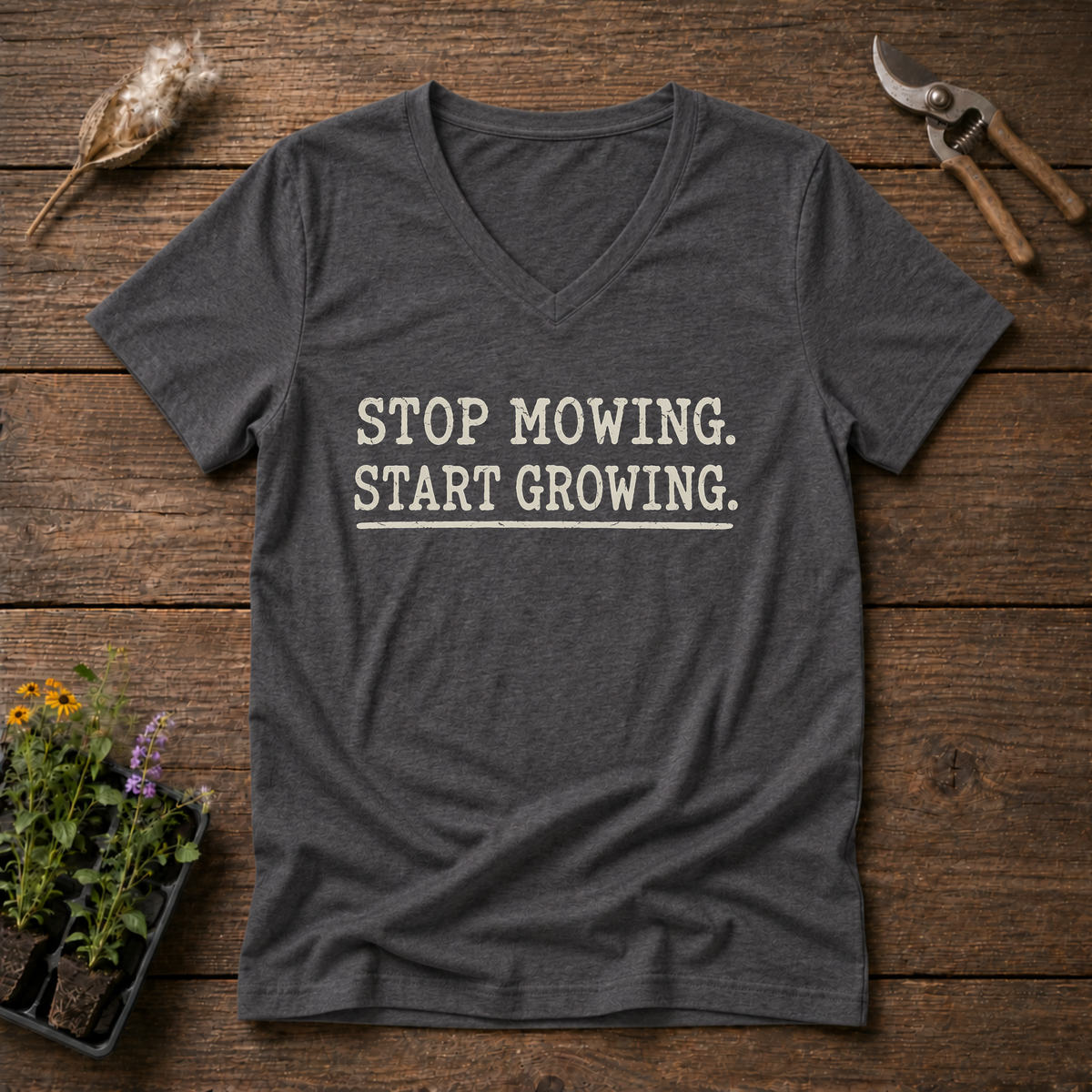 Stop Mowing V-Neck Tee