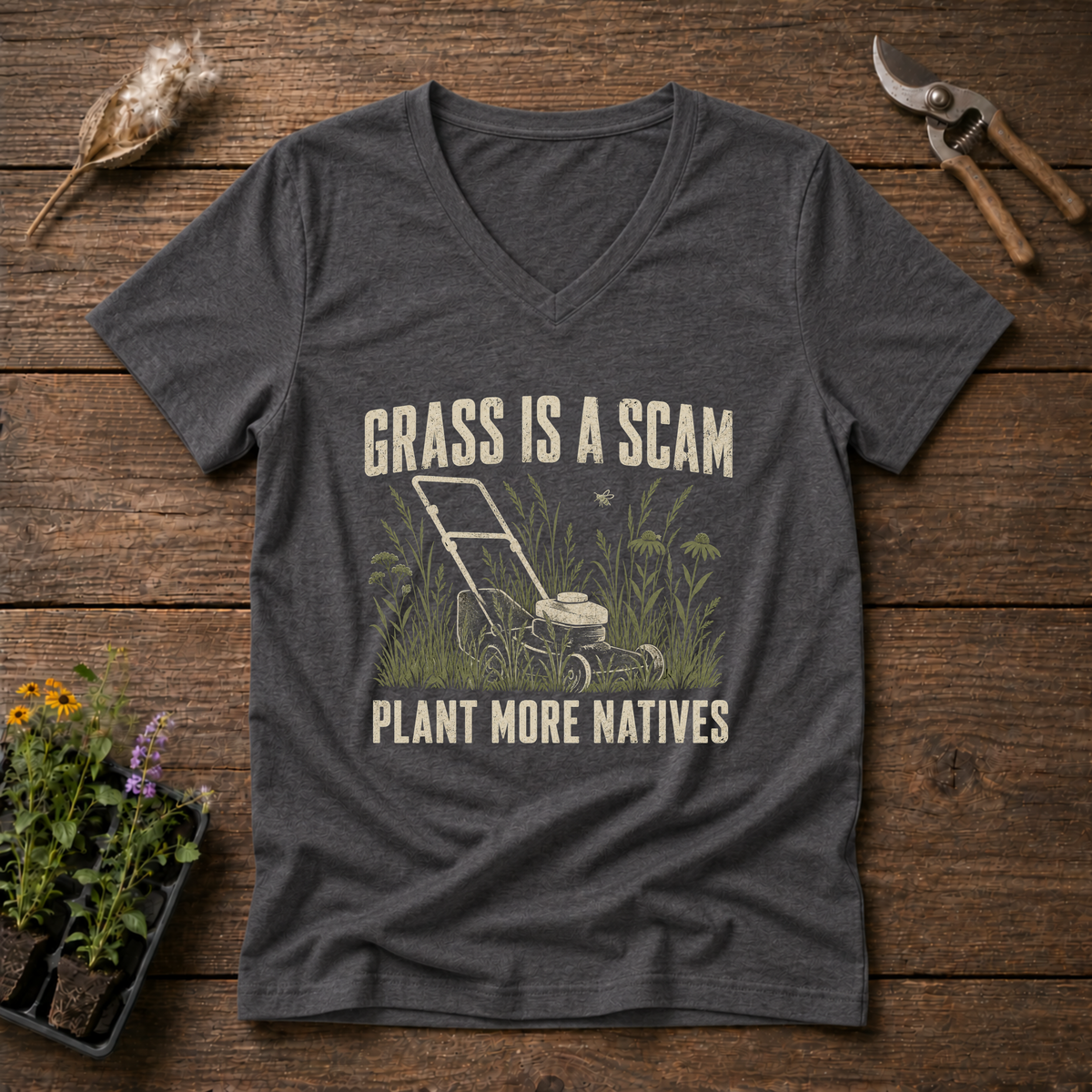 Turf Scam V-Neck Tee in Charcoal