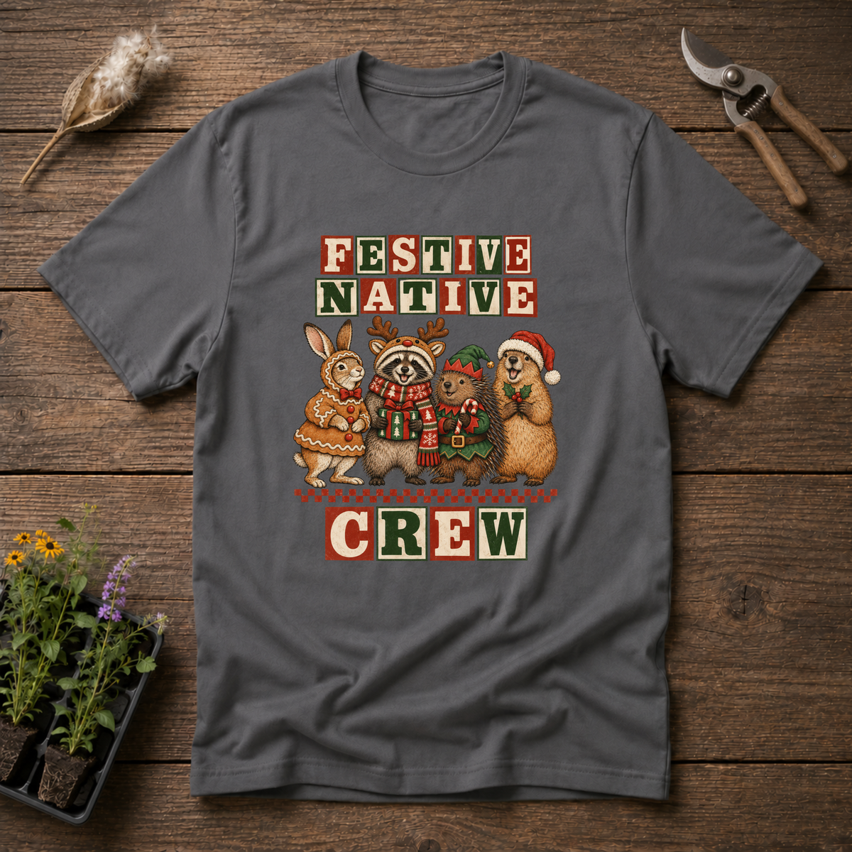 Festive Native Crew T-Shirt in Charcoal