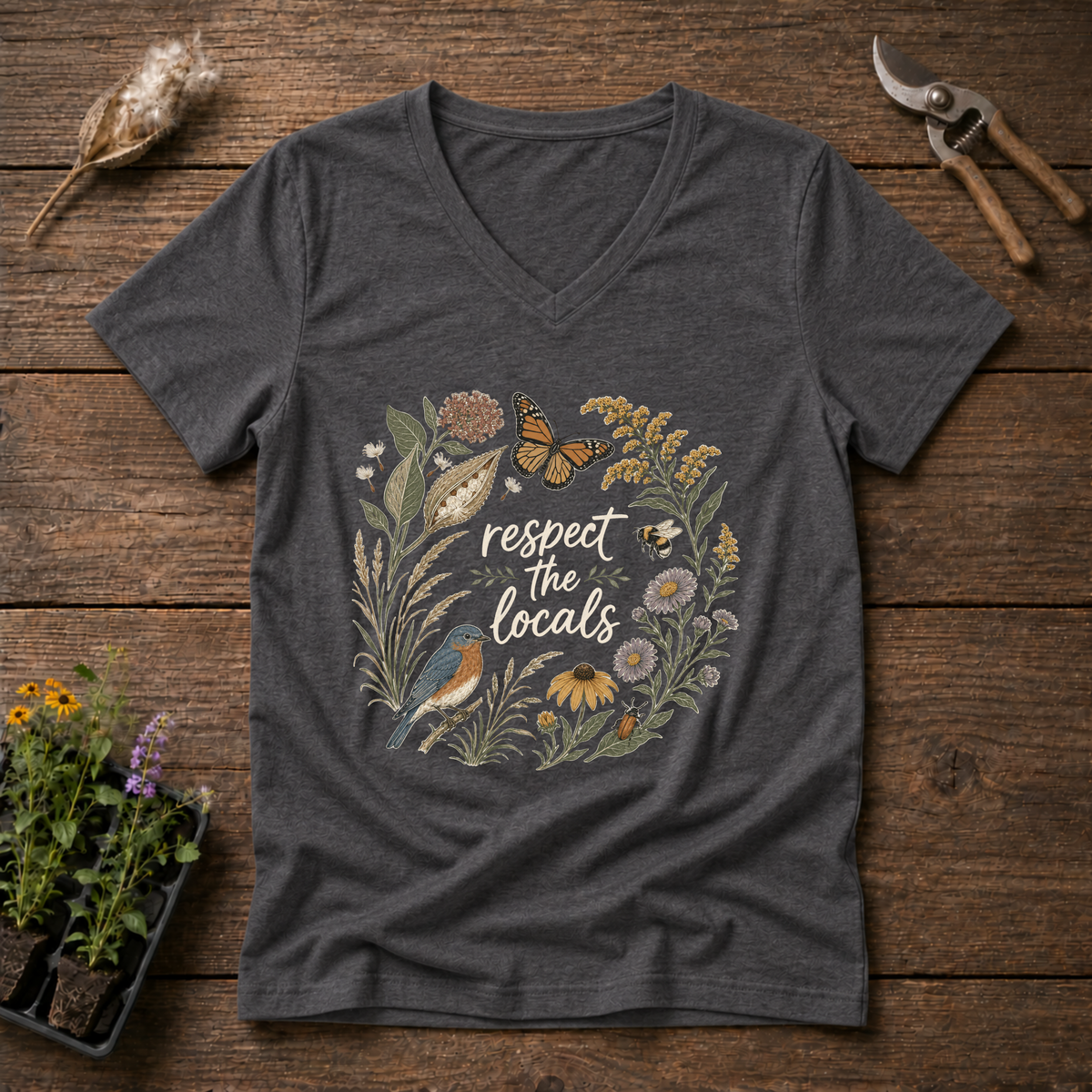 Respect The Locals V-Neck Tee in Charcoal