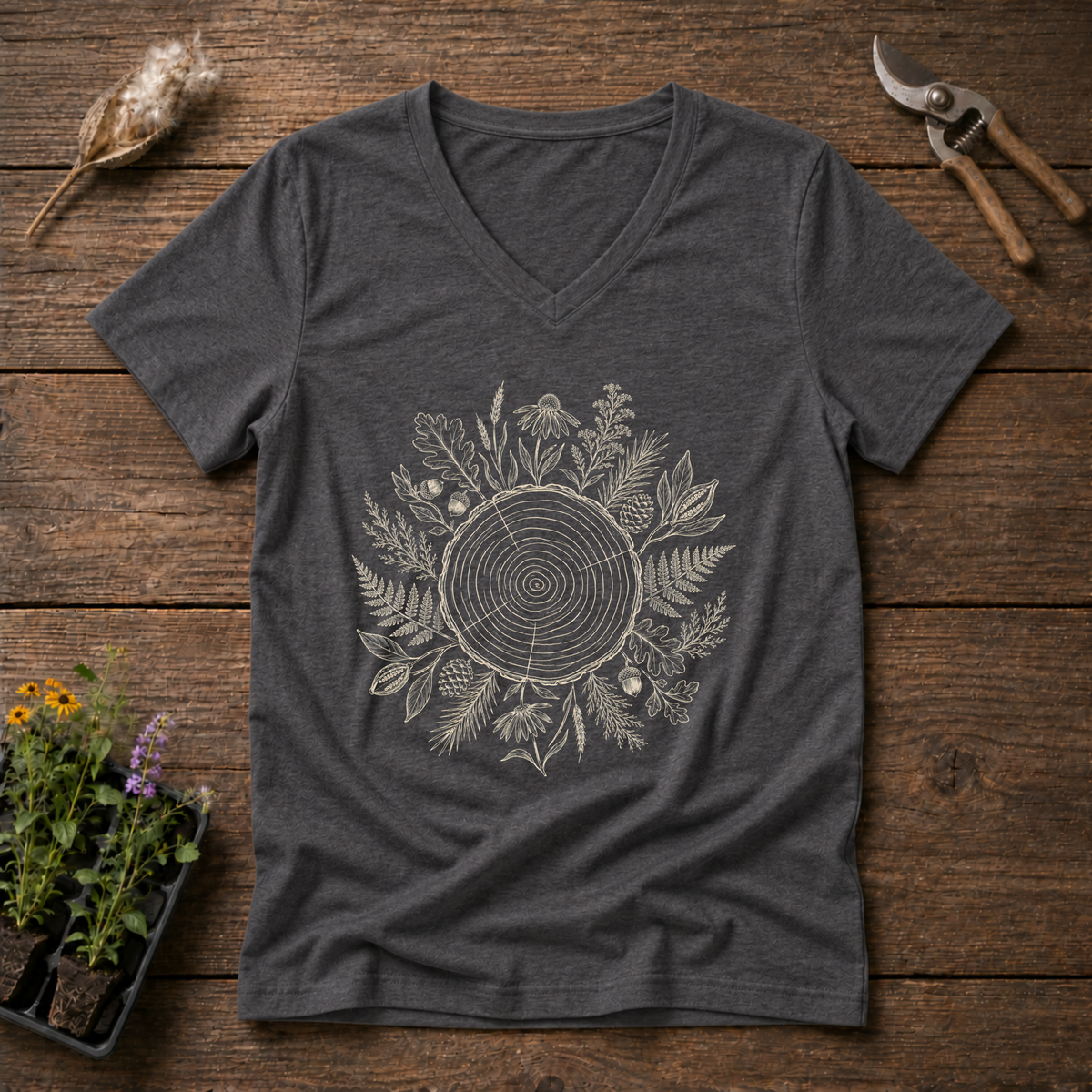 Native Forest Circle V-Neck Tee in Charcoal