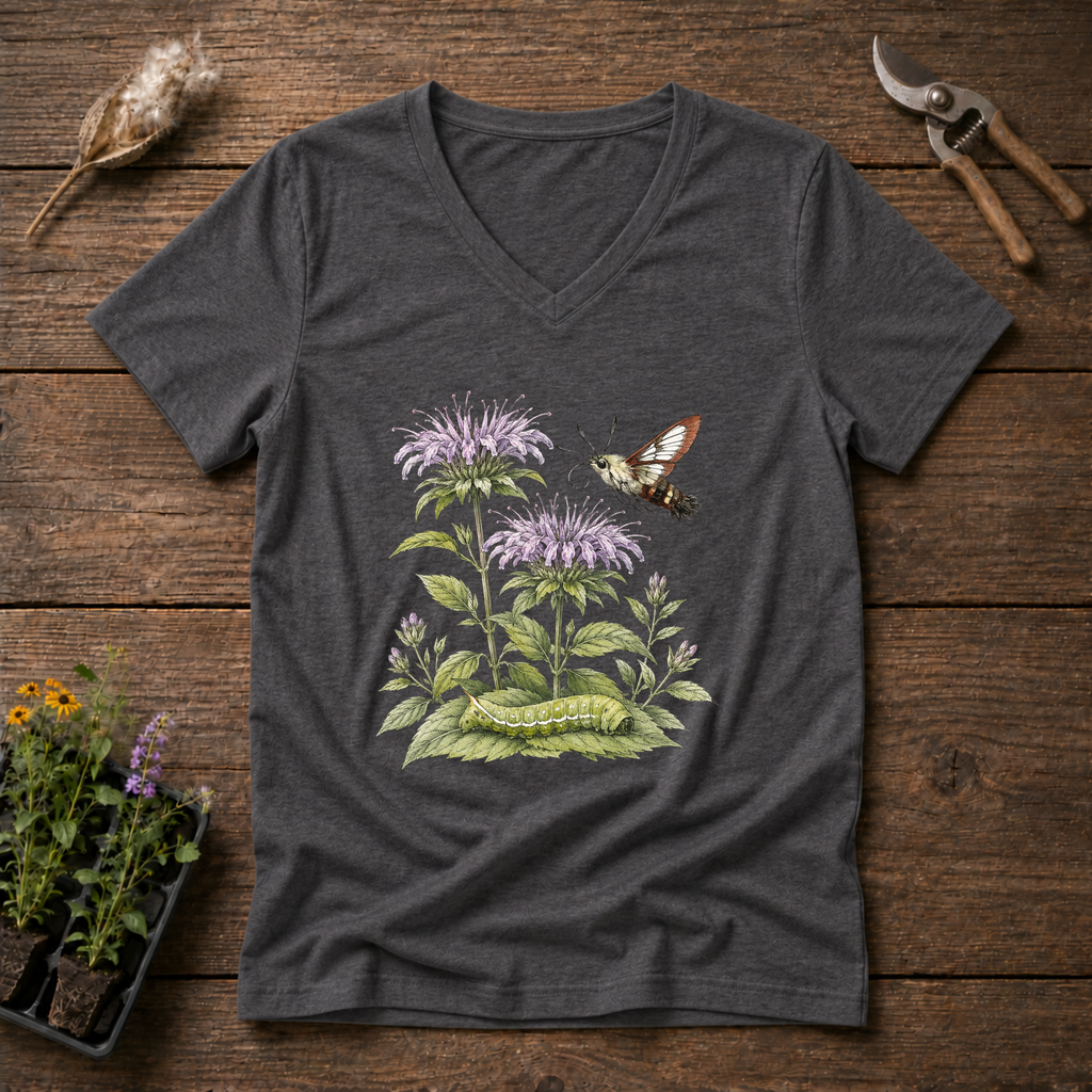Bergamot Clearwing Moth V-Neck Tee in Charcoal
