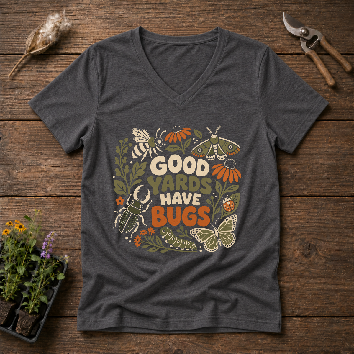 Bug-Friendly Yard V-Neck Tee in Charcoal