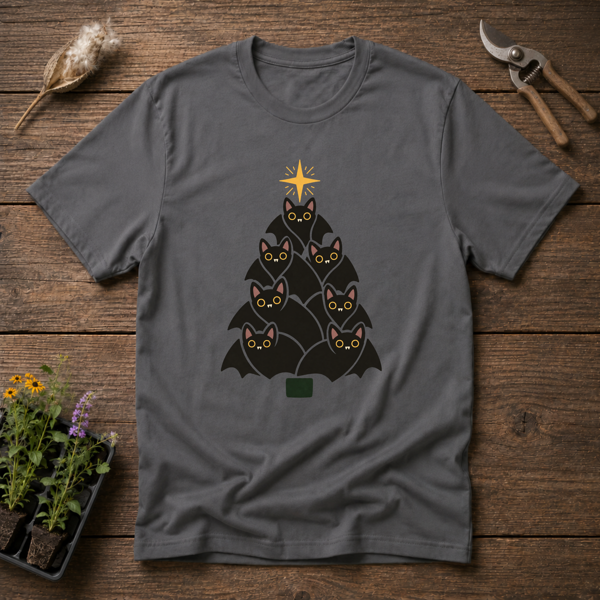 Bat Christmas Tree T-Shirt in Charcoal