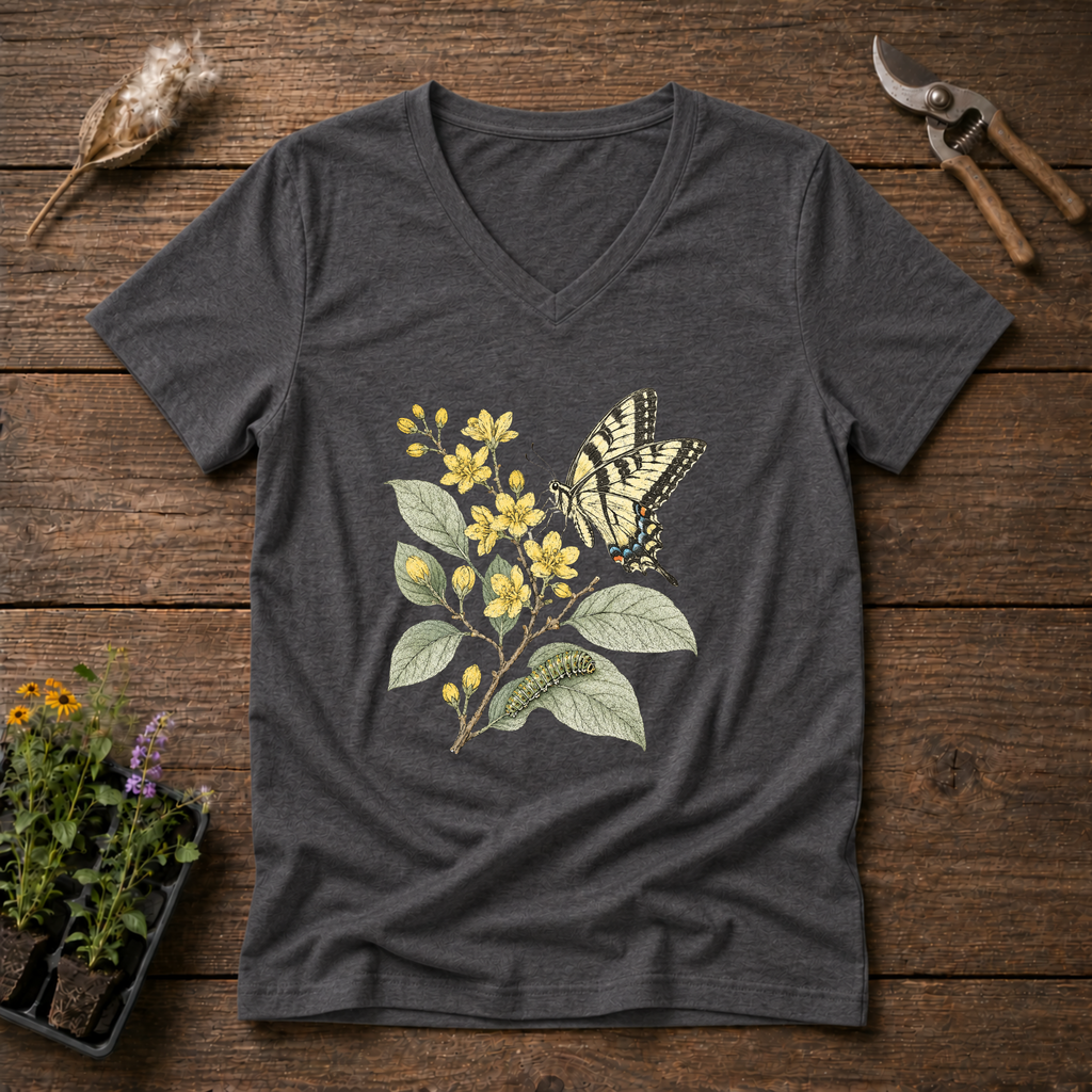Tiger Swallowtail V-Neck Tee in Charcoal