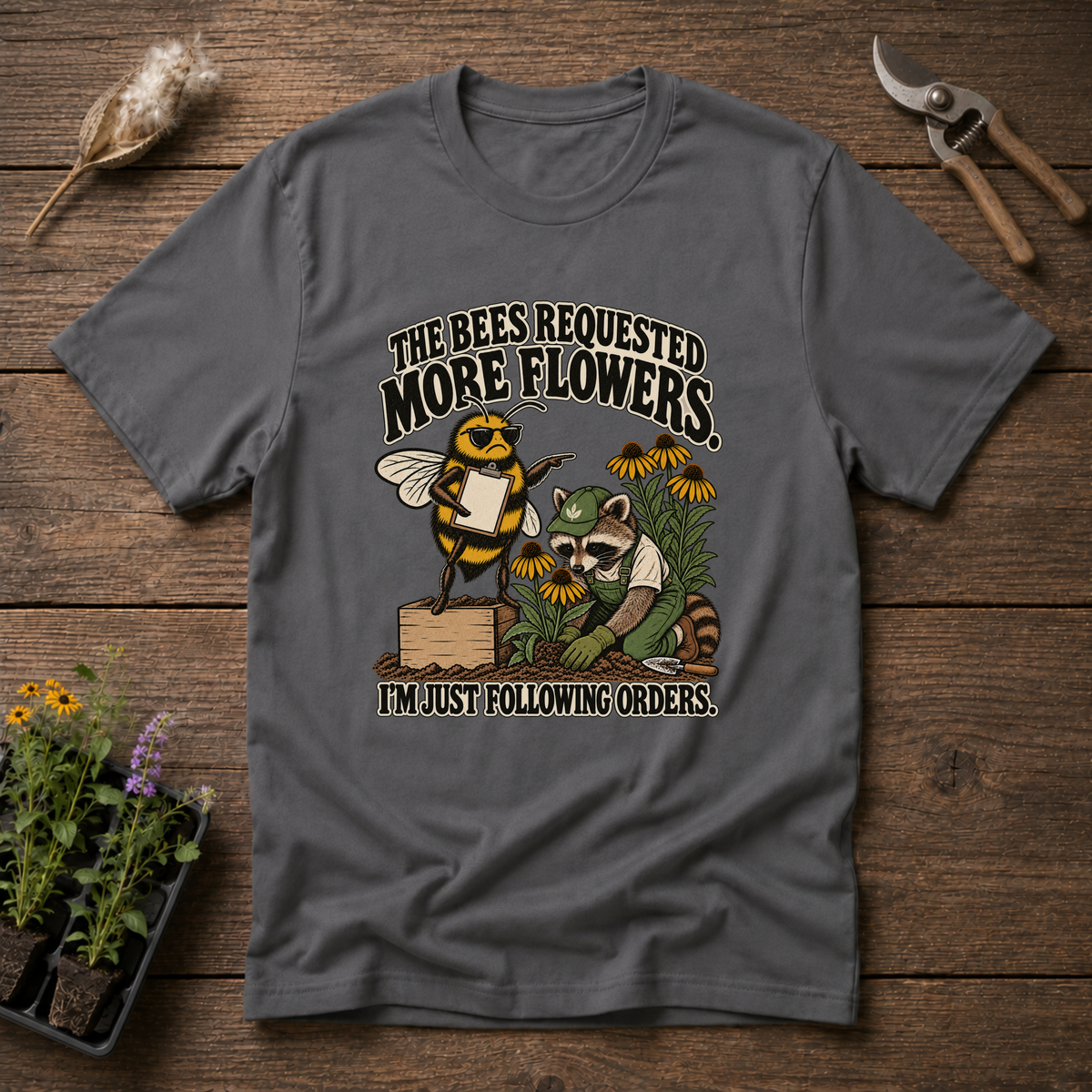 Bees Ordered Flowers T-Shirt in Charcoal