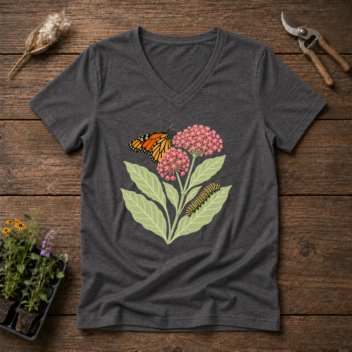 Monarch & Milkweed V-Neck Tee in Charcoal