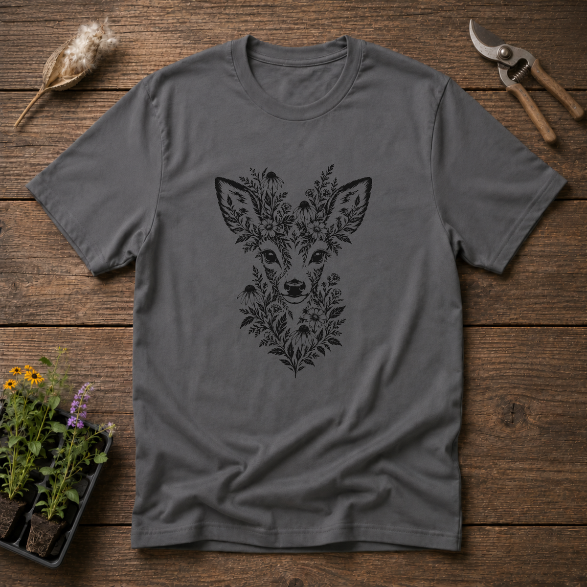 Fawn Wildflower Face T-Shirt in Charcoal