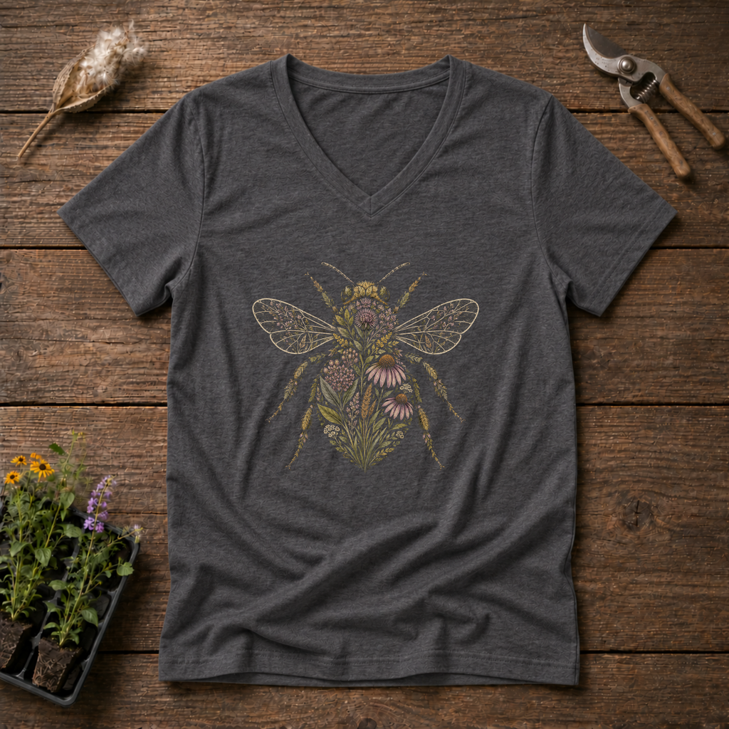 Botanical Bee V-Neck Tee in Charcoal