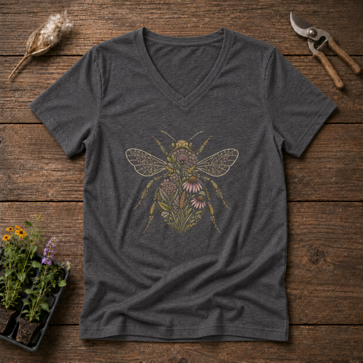 Botanical Bee V-Neck Tee in Charcoal