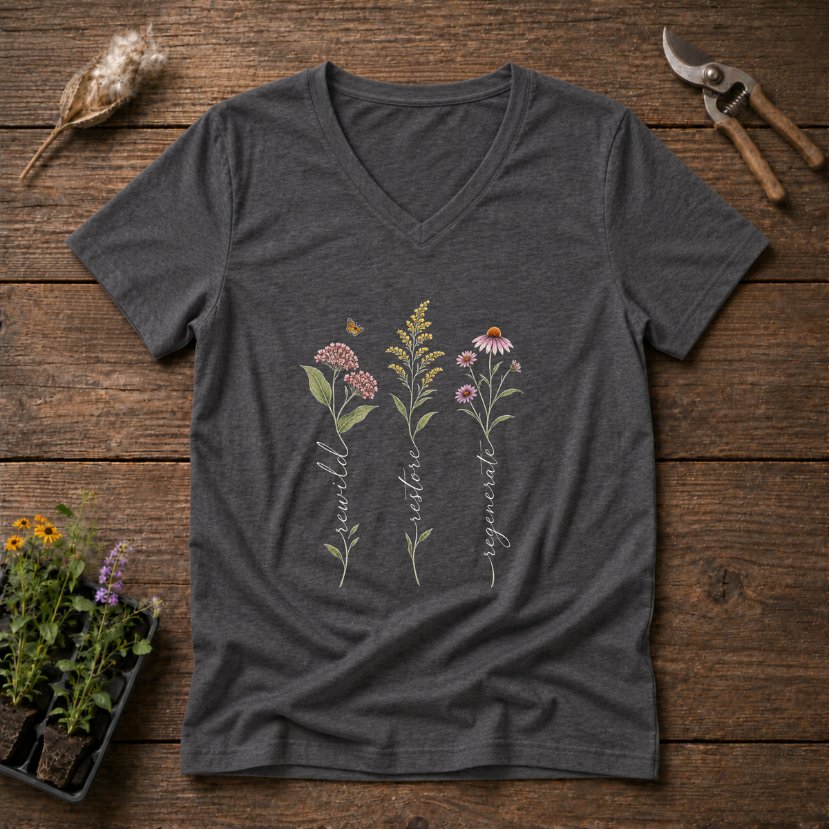Rewild Restore Regenerate V-Neck Tee in Charcoal