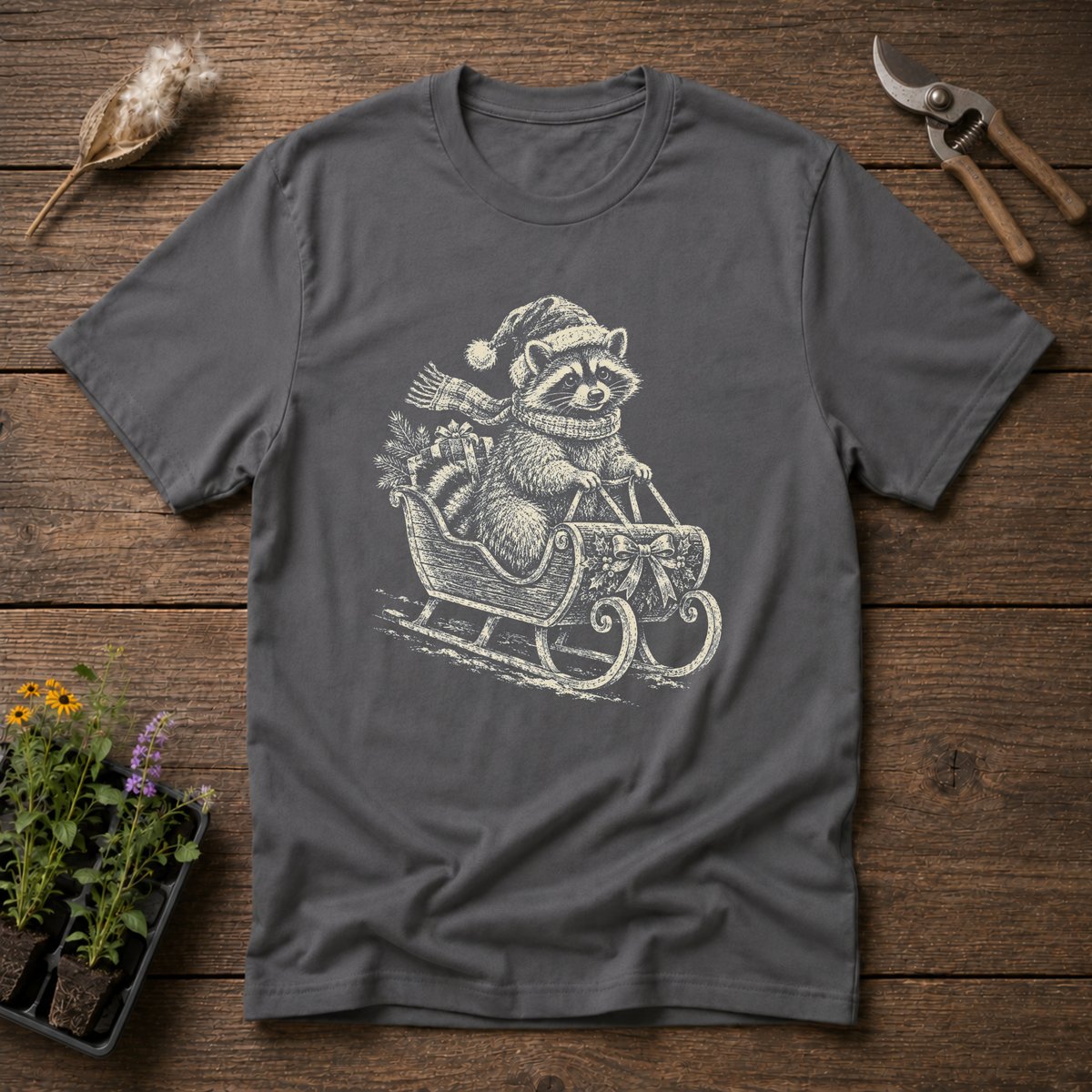 Raccoon Sleigh Express T-Shirt in Charcoal