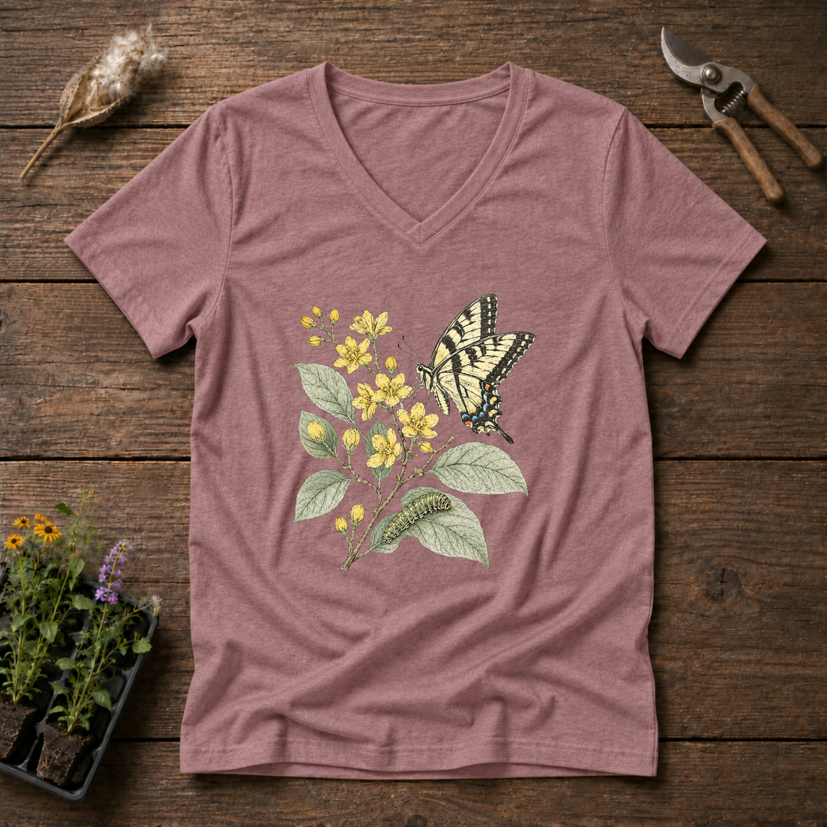 Tiger Swallowtail V-Neck Tee in Mauve