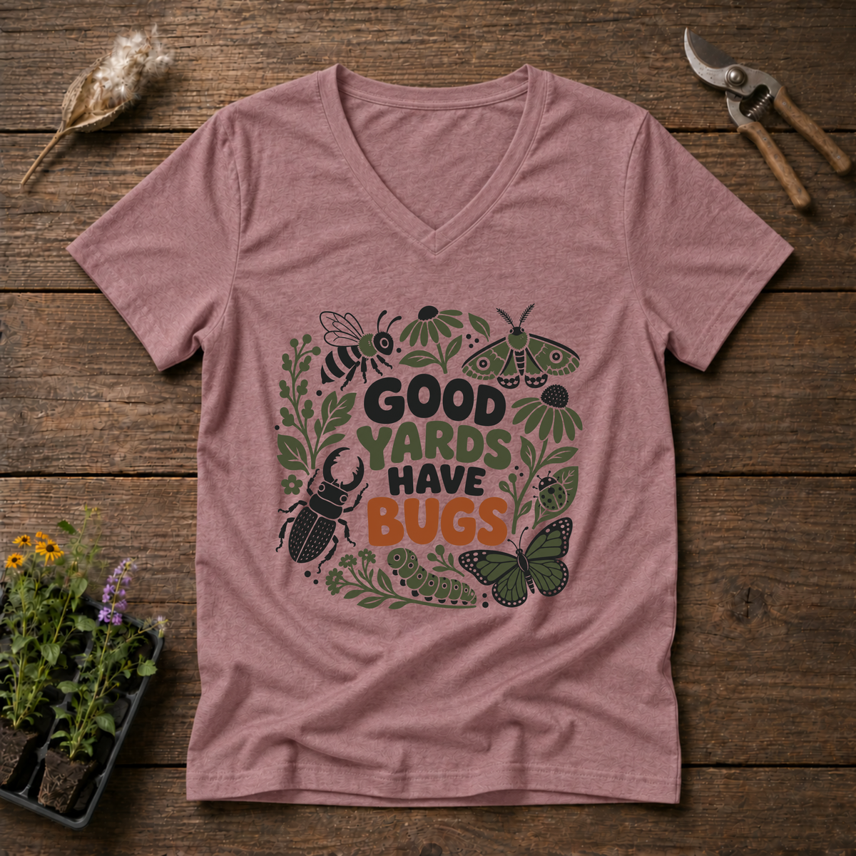Bug-Friendly Yard V-Neck Tee in Mauve