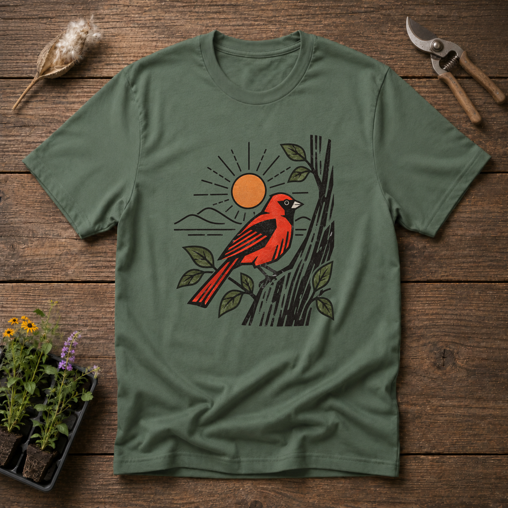 Scarlet Tanager Bird T-Shirt in Military Green