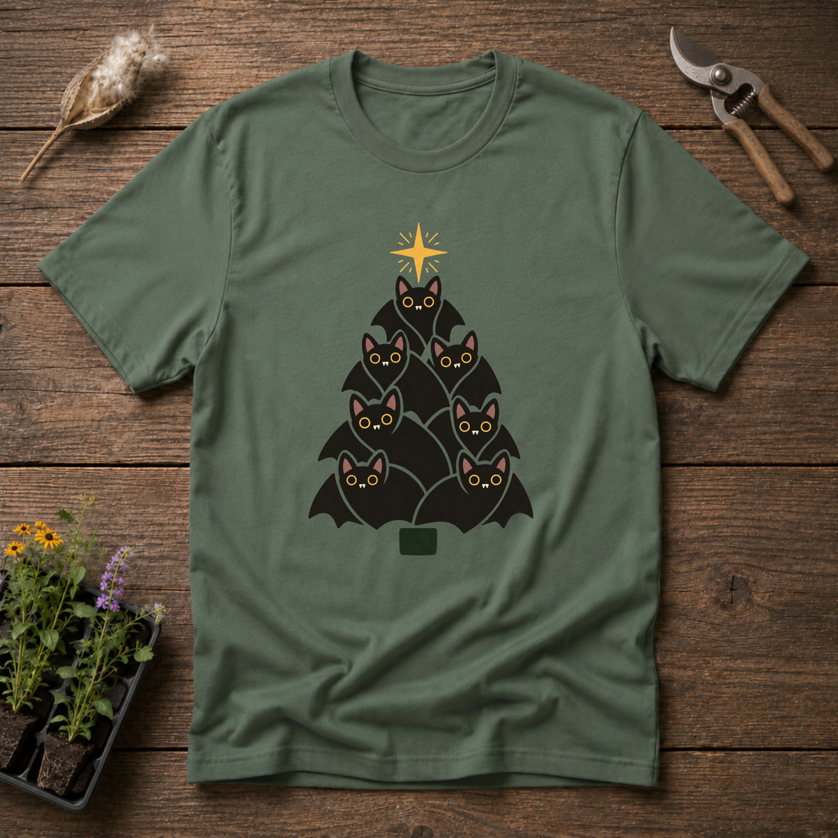 Bat Christmas Tree T-Shirt in Military Green