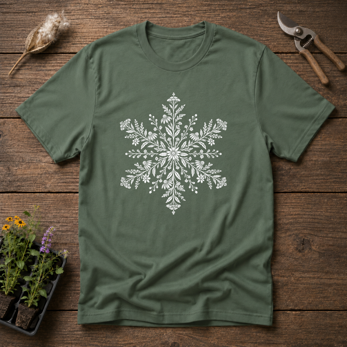 Snowflake Wildflowers T-Shirt in Military Green