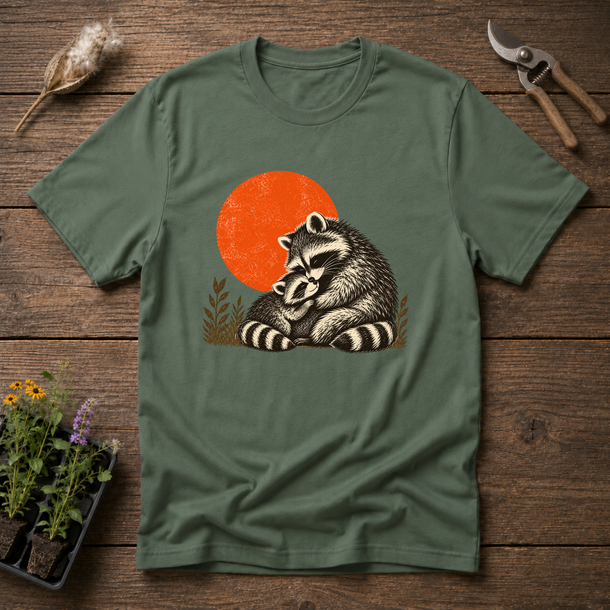 Raccoon Snuggles T-Shirt in Military Green