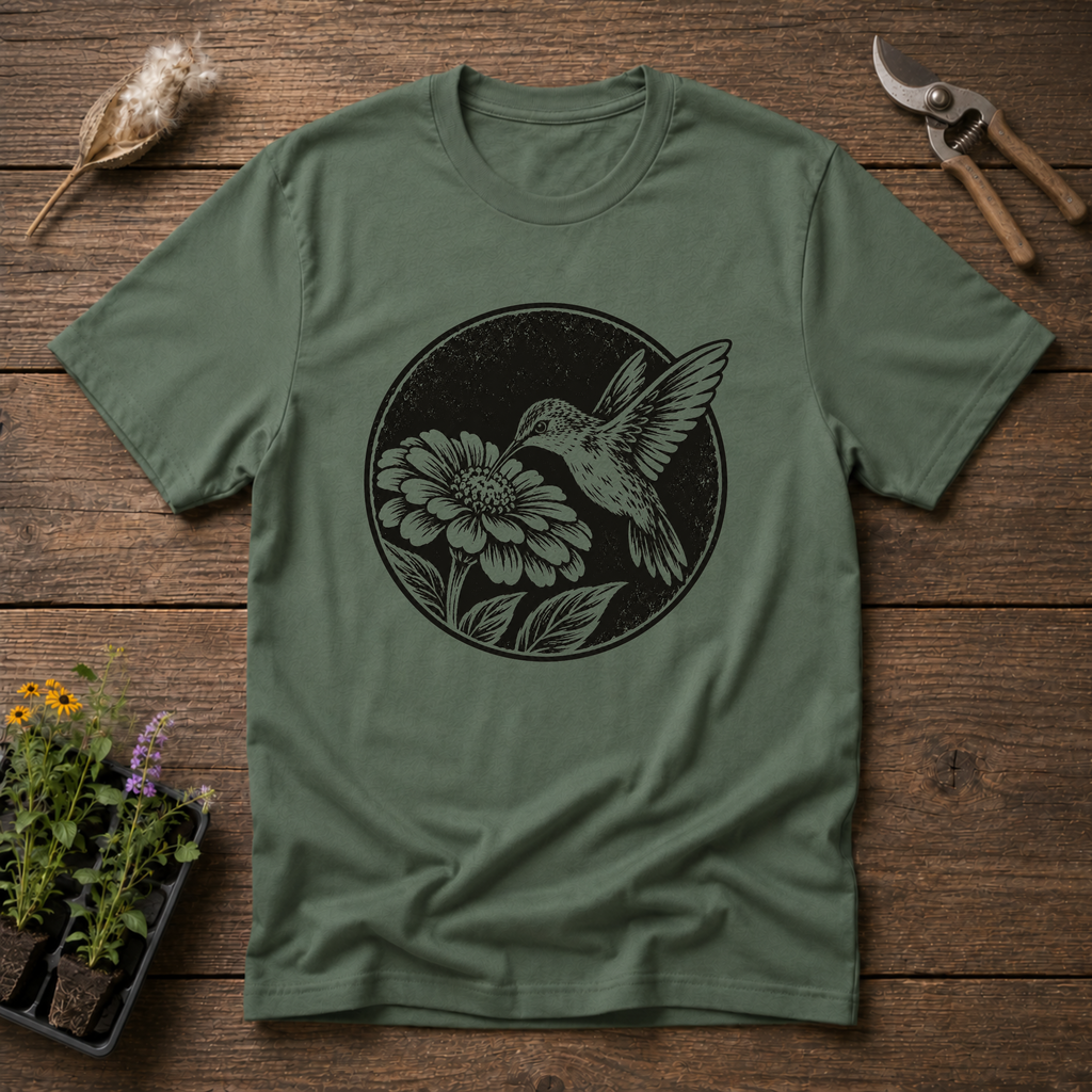 Hummingbird & Zinnia T-Shirt in Military Green