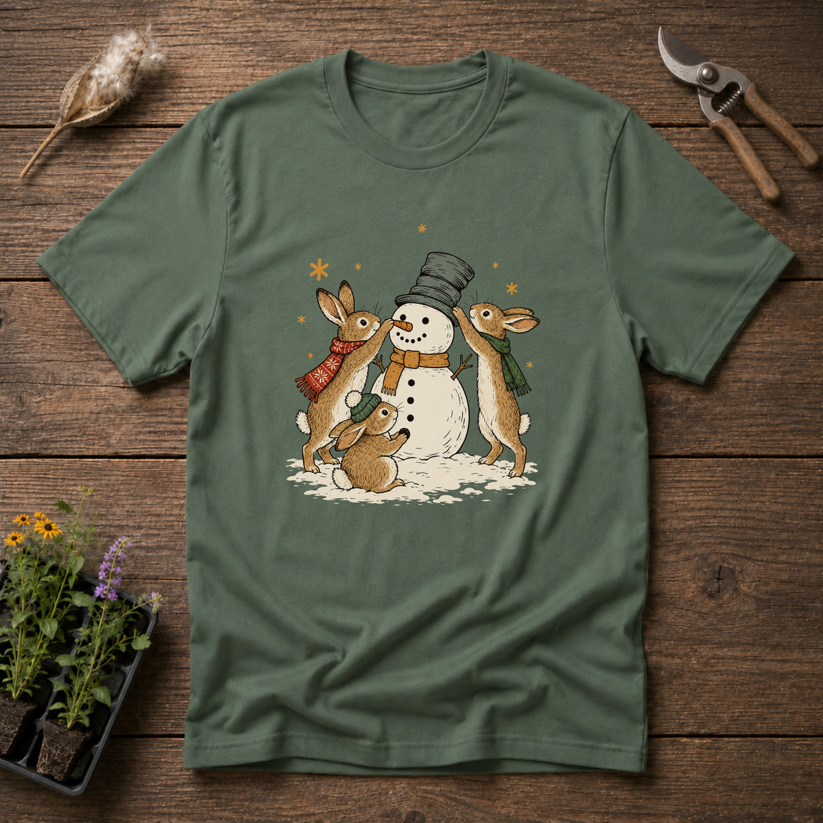 Bunny Snowman Builders T-Shirt in Military Green