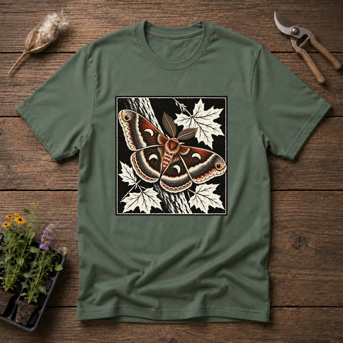 Cecropia Moth T-Shirt in Military Green