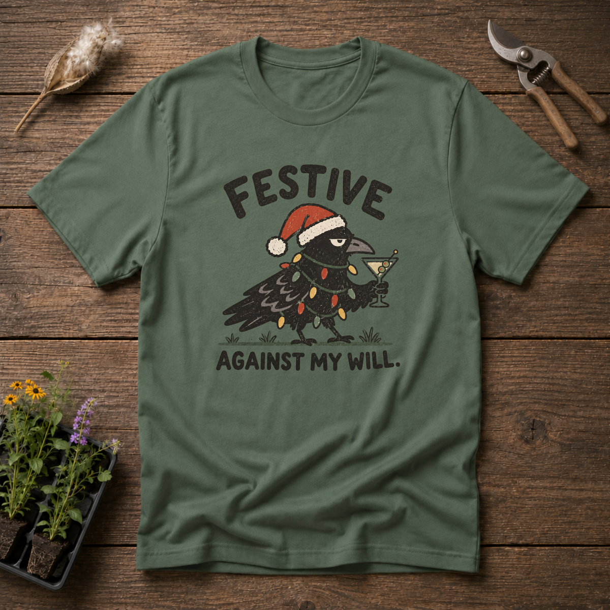 Festive Crow T-Shirt in Military Green