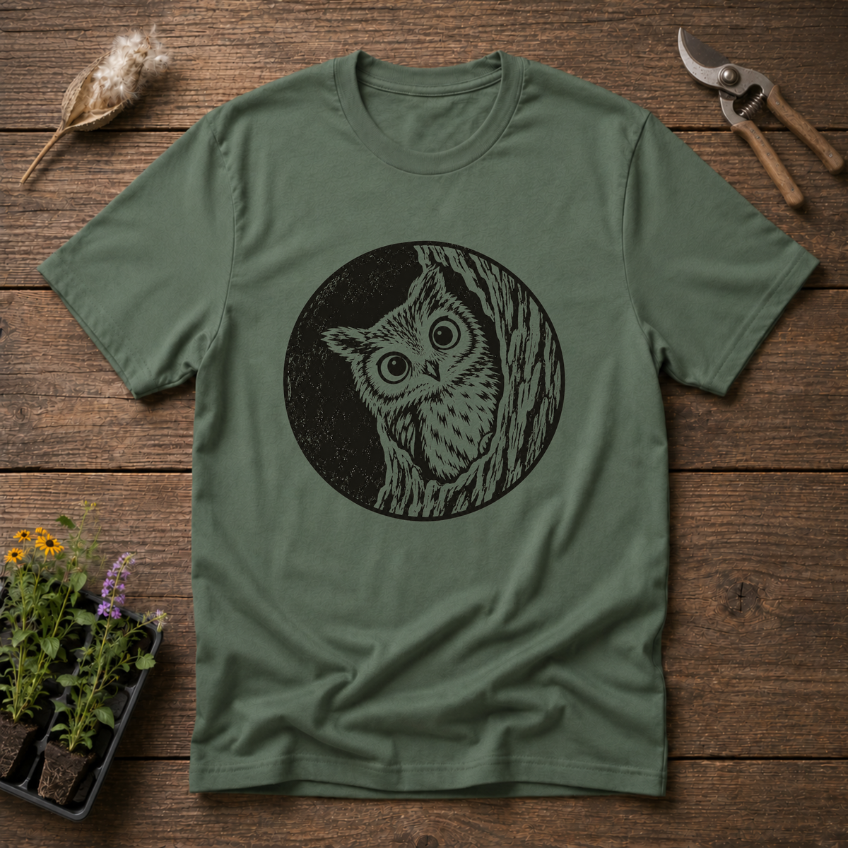 Curious Owl T-Shirt in Military Green