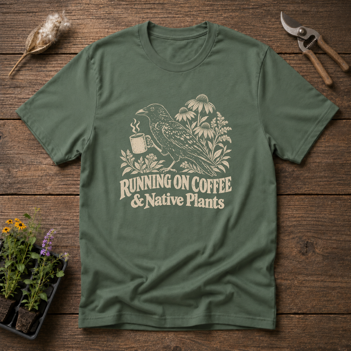 Coffee & Native Plants T-Shirt in Military Green