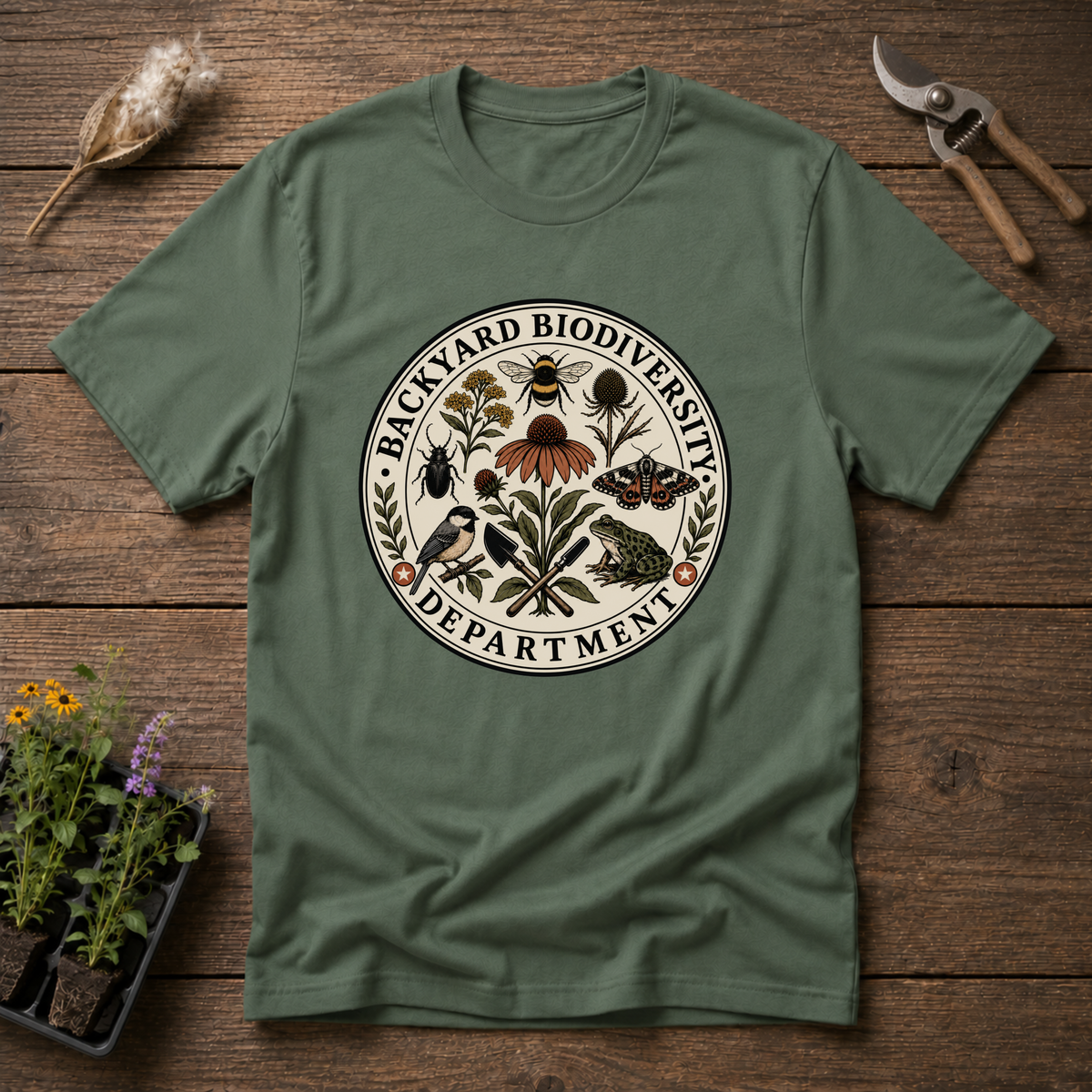 Backyard Biodiversity Department T-Shirt in Military Green