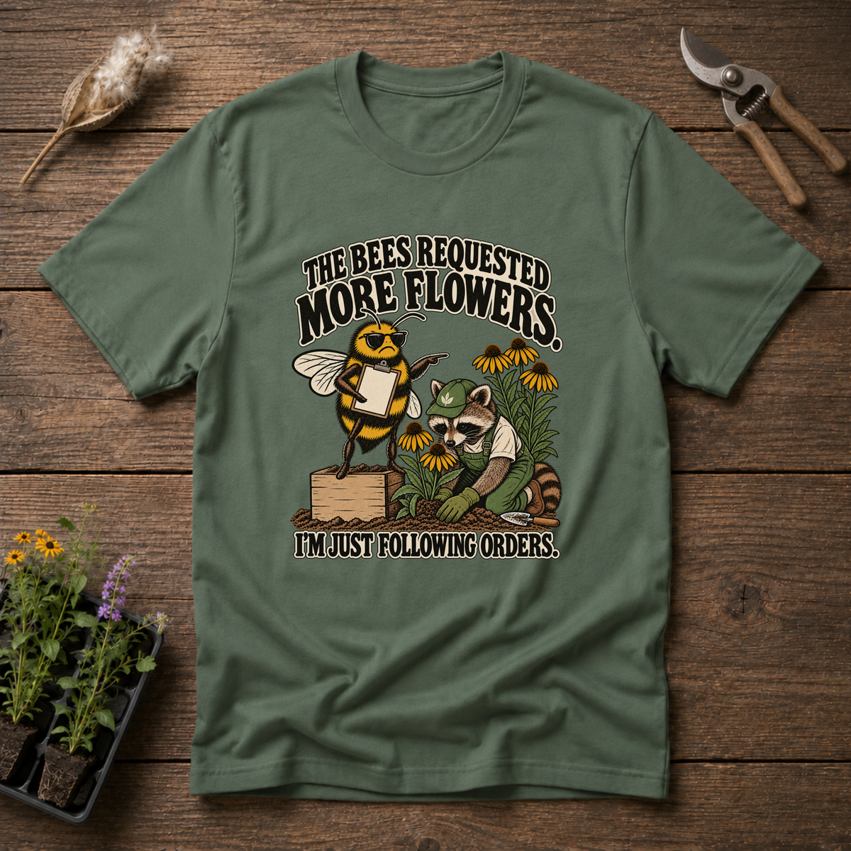 Bees Ordered Flowers T-Shirt in Military Green