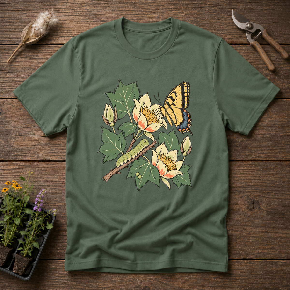 Whimsical Swallowtail T-Shirt in Military Green
