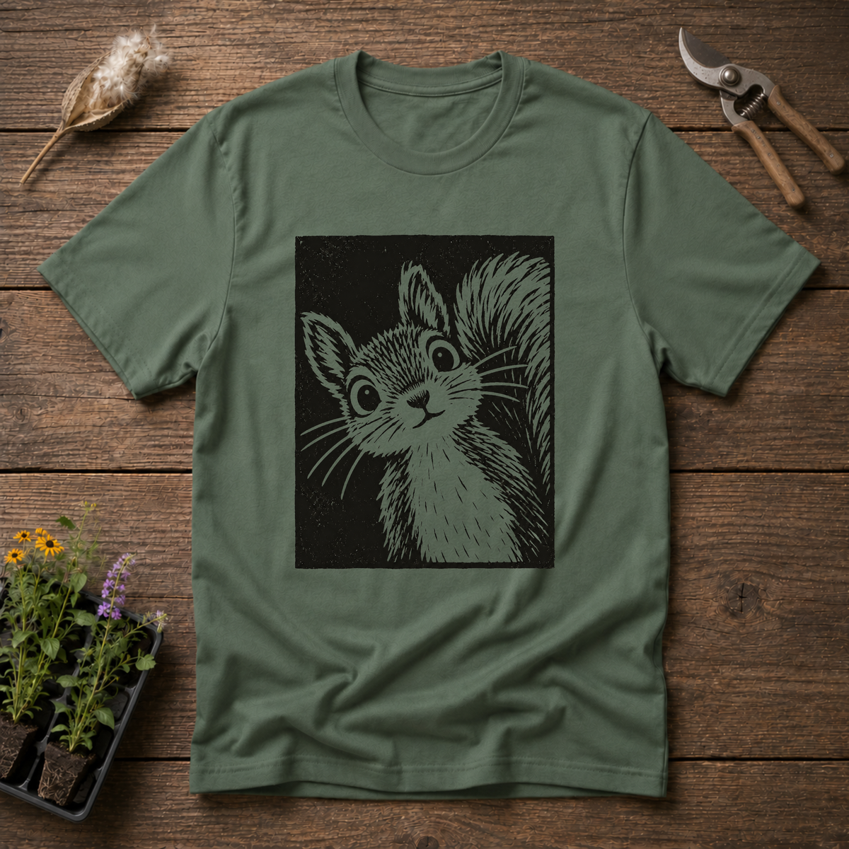 Curious Squirrel T-Shirt in Military Green
