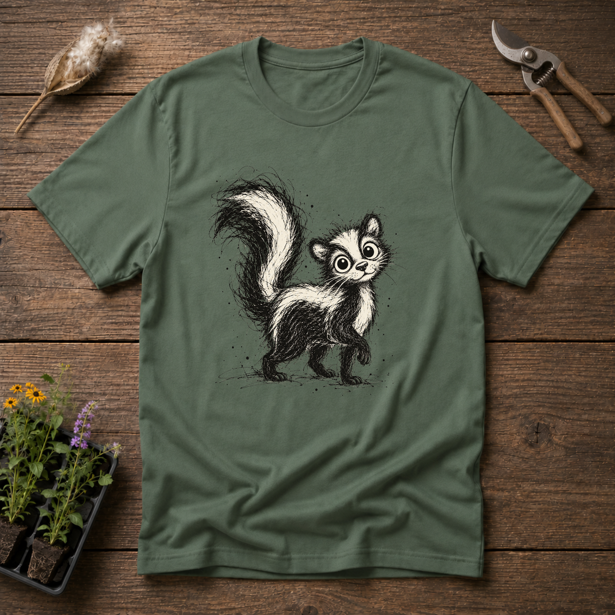 Scribble Skunk T-Shirt in Military Green