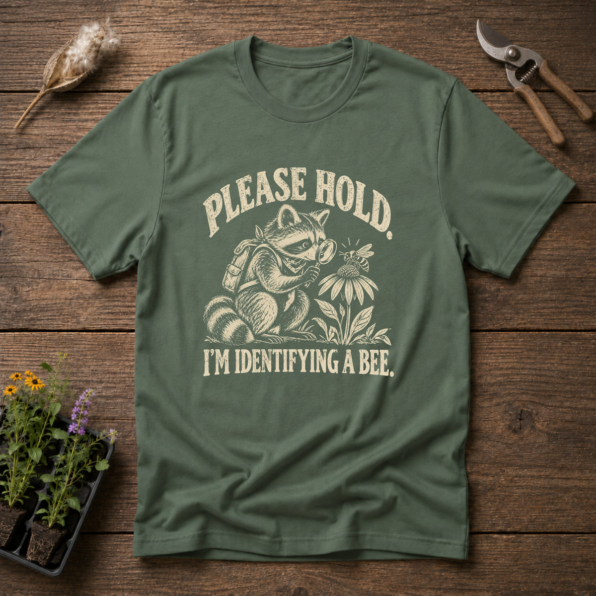 Raccoon Bee Inspector T-Shirt in Military Green