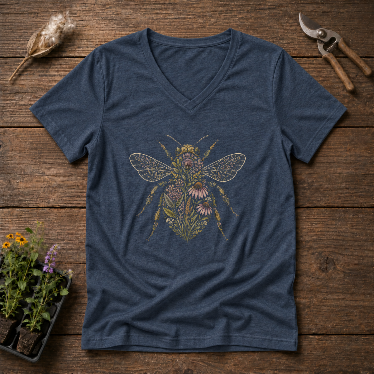 Botanical Bee V-Neck Tee in Navy