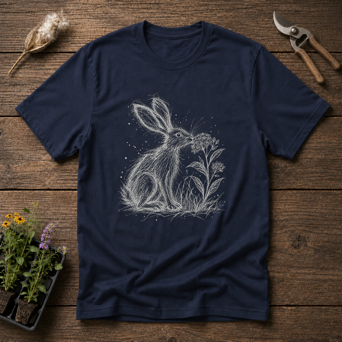Scribble Hare Milkweed T-Shirt in Navy