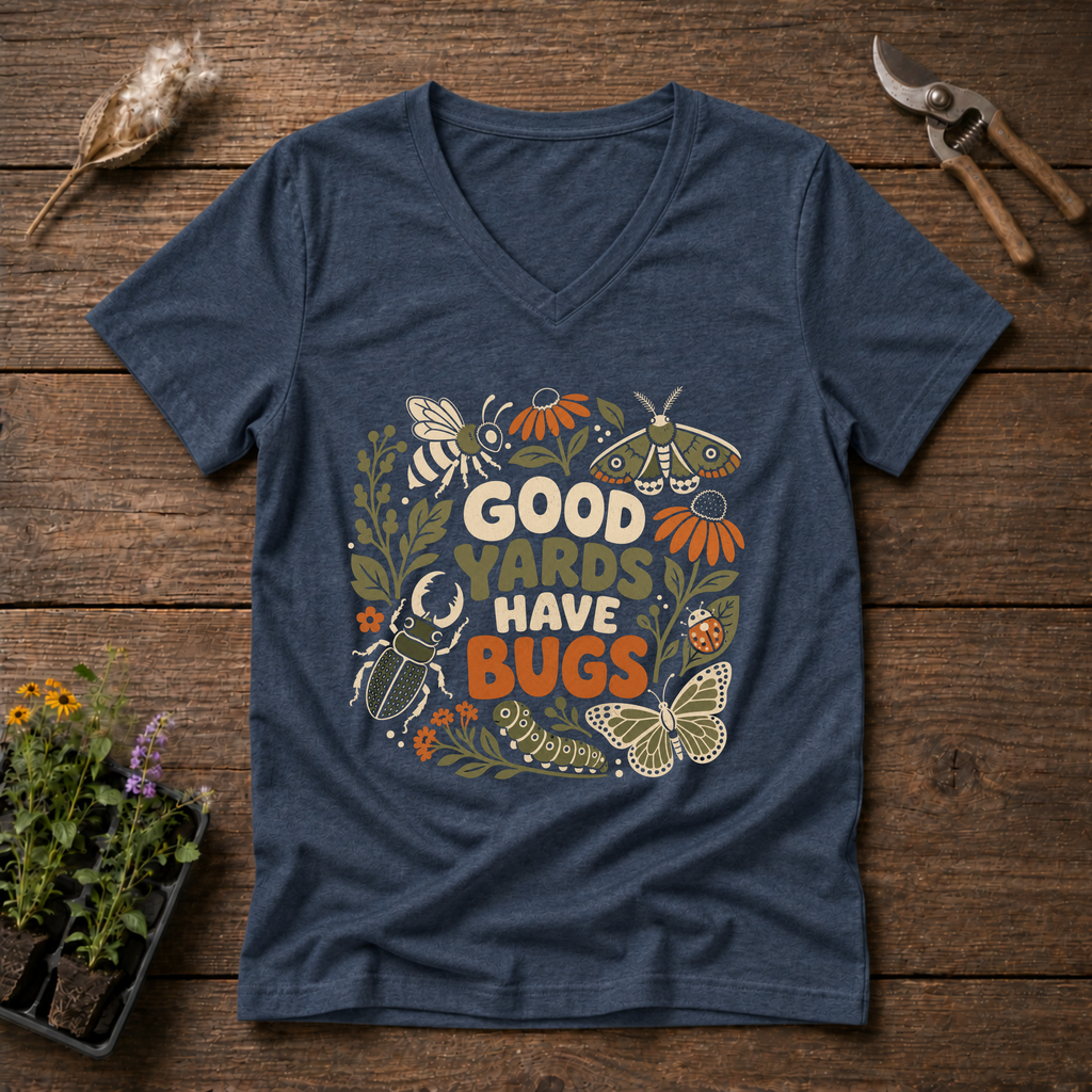 Bug-Friendly Yard V-Neck Tee in Navy