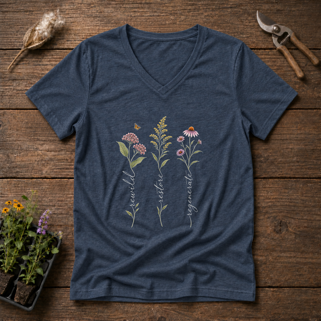 Rewild Restore Regenerate V-Neck Tee in Navy