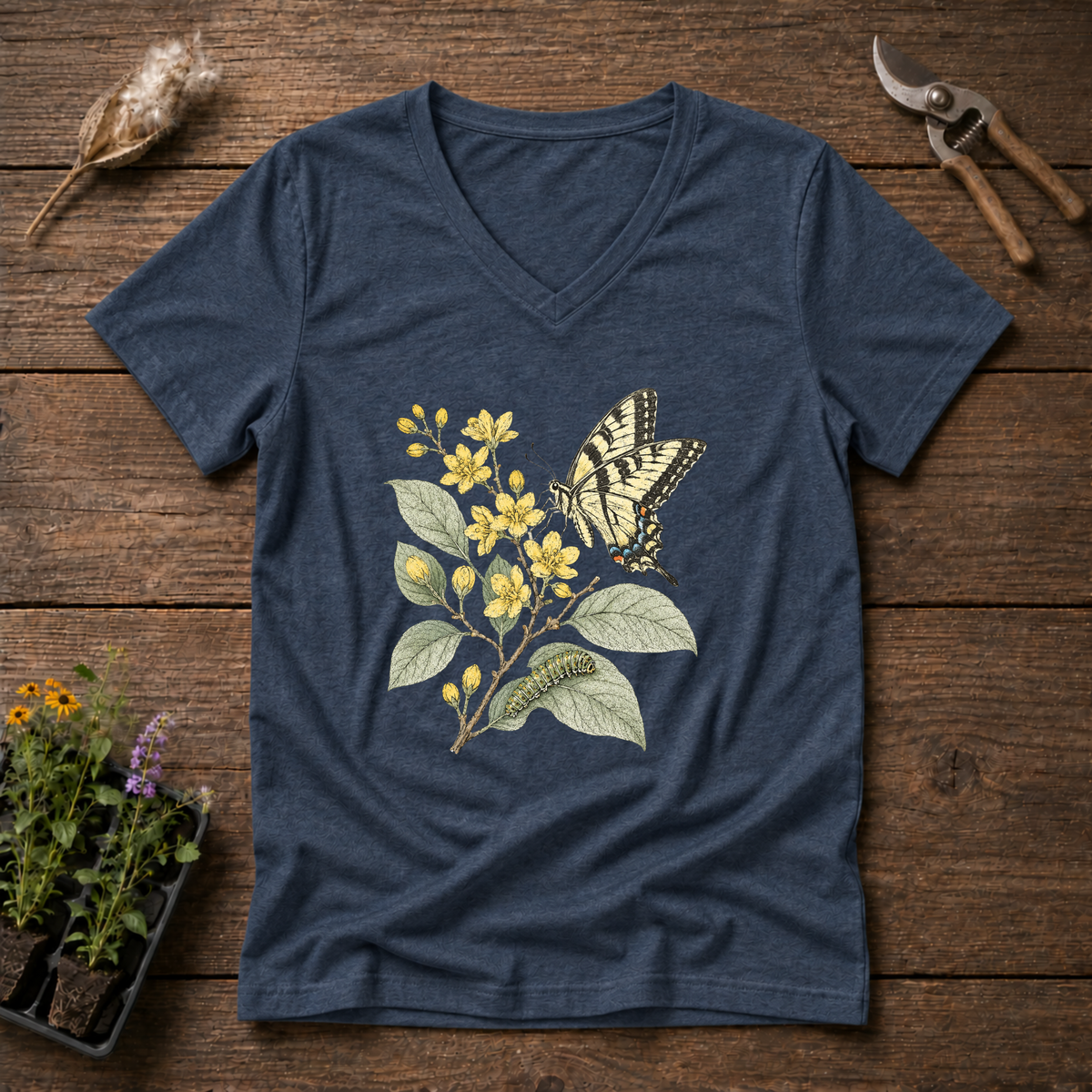 Tiger Swallowtail V-Neck Tee in Navy