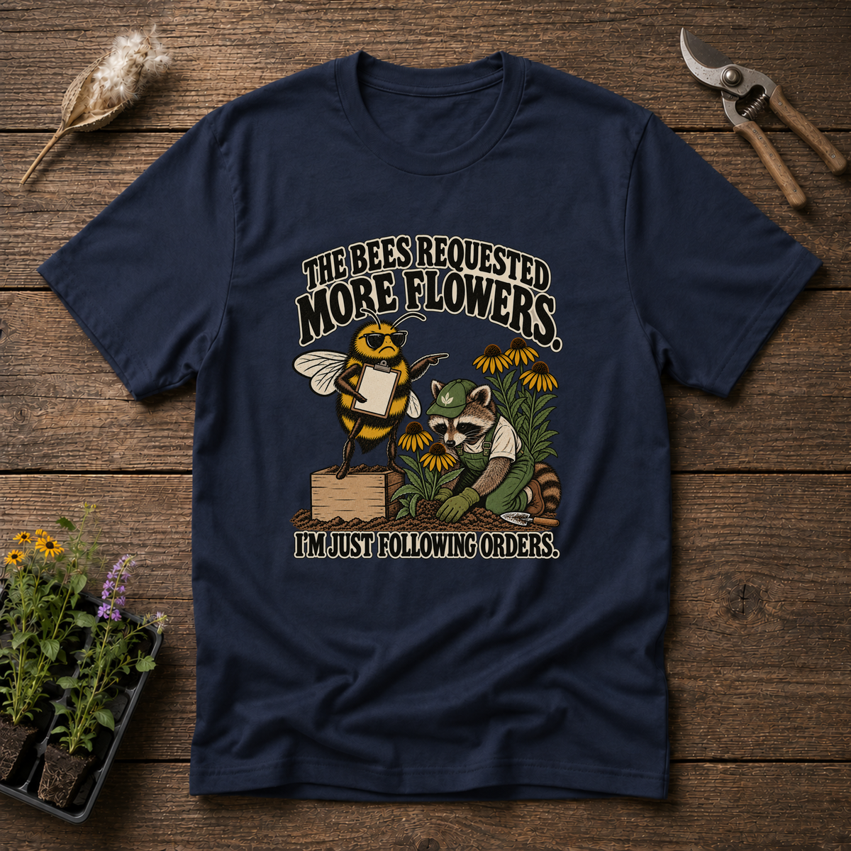 Bees Ordered Flowers T-Shirt in Navy