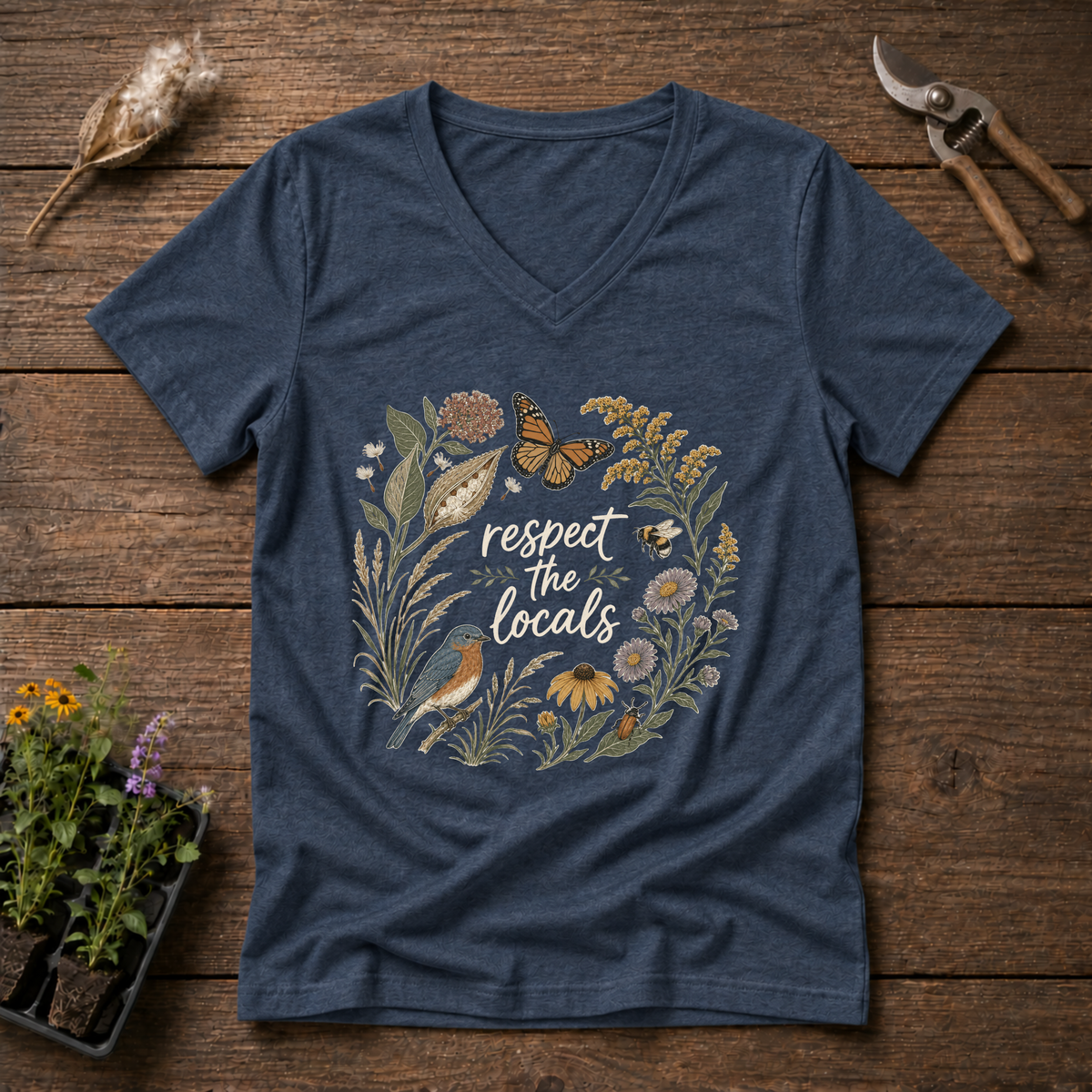 Respect The Locals V-Neck Tee in Navy